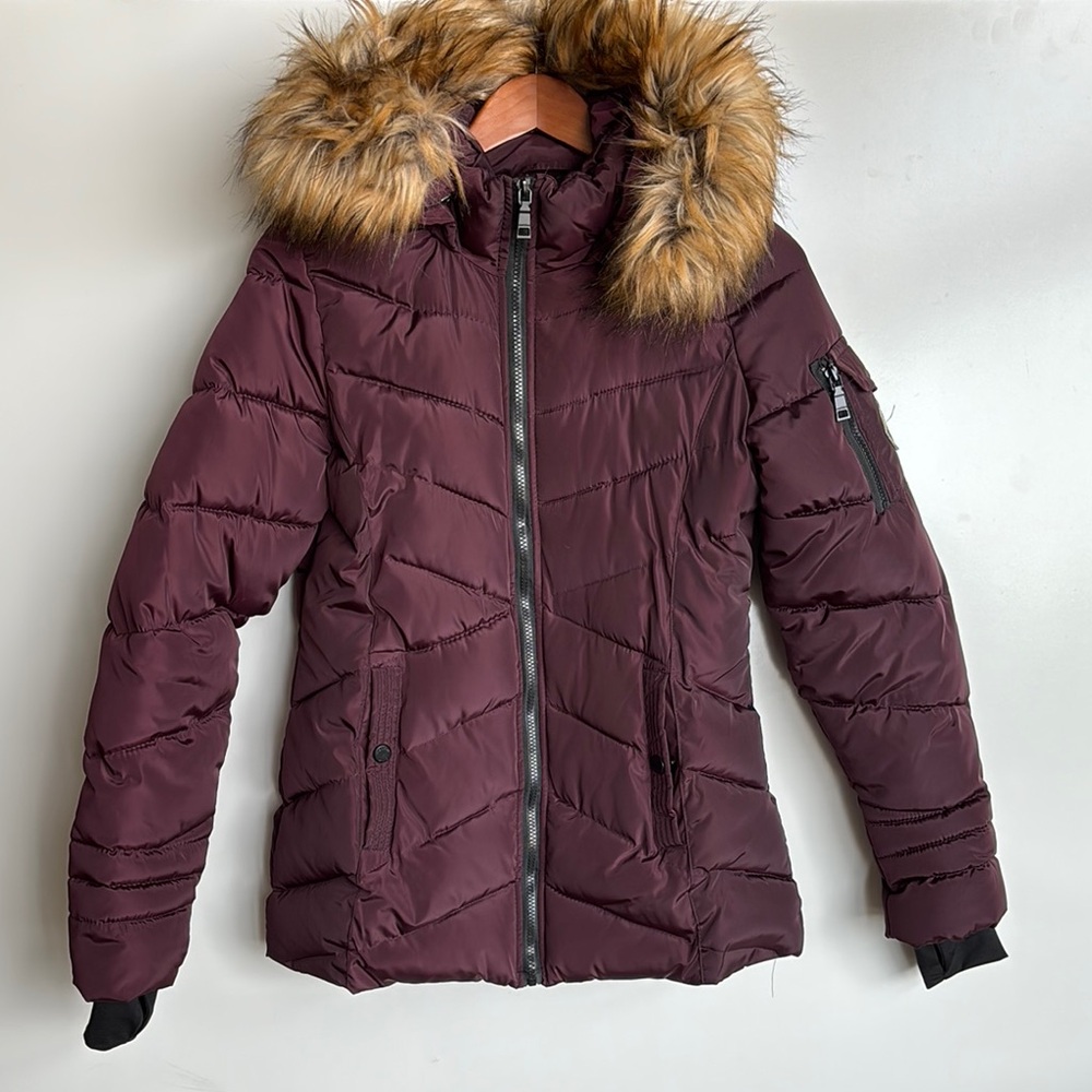 Women's Burgundy Puffer Jacket with Faux Fur Hood